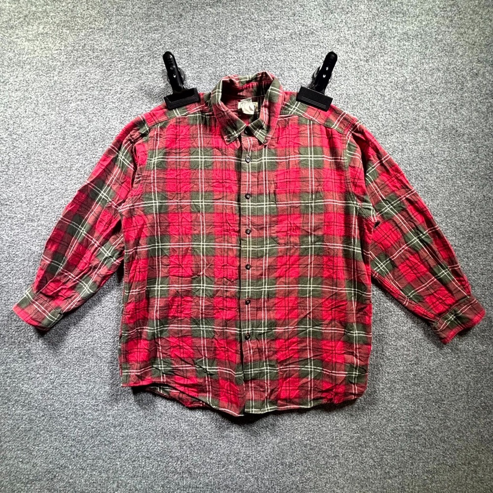 LL Bean Flannel Shirt Mens Large Red Green Scotch Plaid Button Down 0BHF4